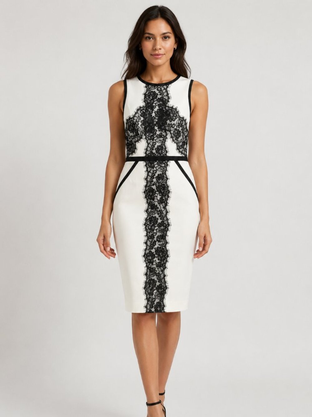 Nicole by Nicole Miller Black & White Lace Sheath Dress XS Elegant Cocktail Midi